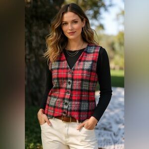 Vintage Eddie Bauer Wool Plaid Button Vest Red Grey Women’s Small